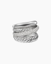 Crossover Five Row Ring in Sterling Silver with Diamonds, 17.5mm